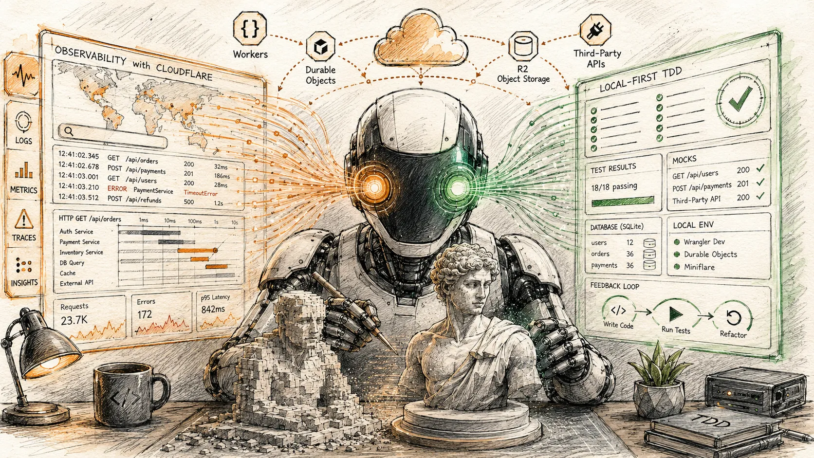 Sketch-style illustration of a robot sculptor carving a marble bust, flanked by a Cloudflare observability dashboard with logs, metrics and traces on the left and a local-first TDD panel with passing tests, mocks and a SQLite database on the right