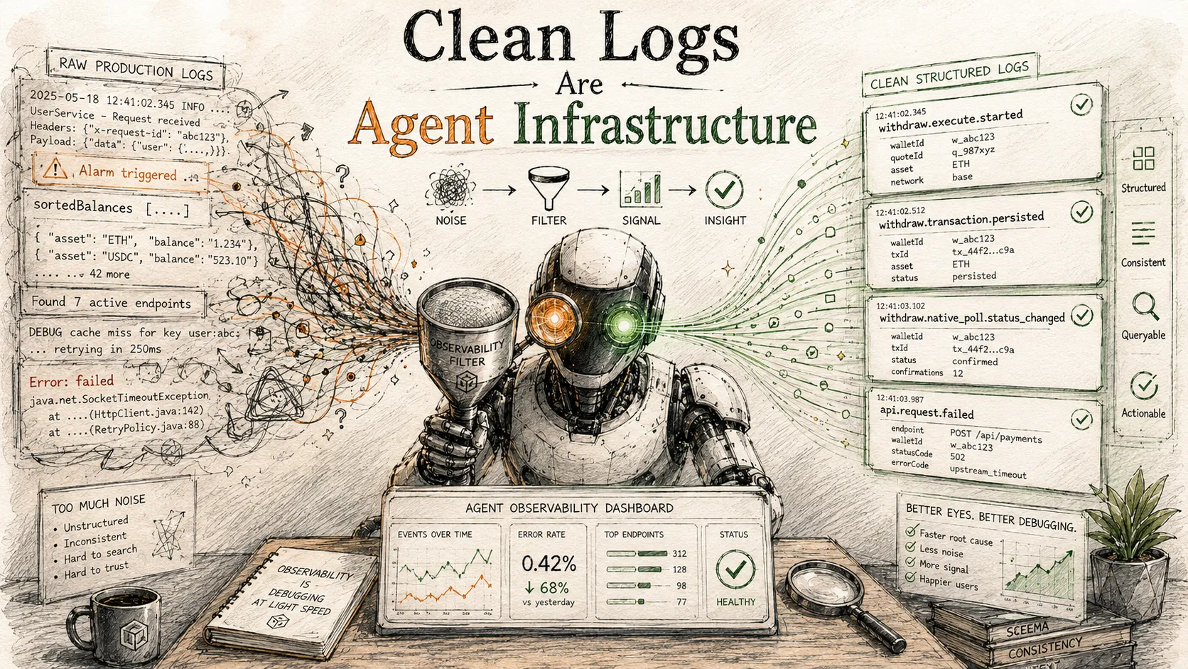 Sketch-style illustration of a robot pouring a tangle of noisy raw production logs through an observability filter funnel, turning them into clean structured log events with consistent fields on the right, above an agent observability dashboard showing events over time, error rate and top endpoints
